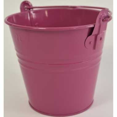 1x fuchsia roze metalen emmer 16 x 14 cm asbak/bestekbak/bloempotje