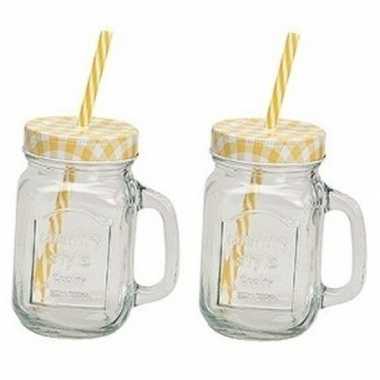 2 x geel/witte glazen drink potje met rietje 18 cm