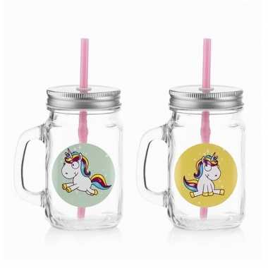 2x glazen drink potje eenhoorn met rietje 13 cm