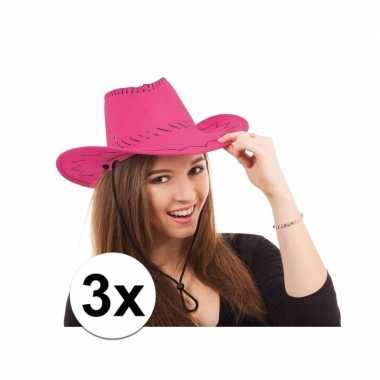 3x cowboy hoed in roze kleur voor toppers
