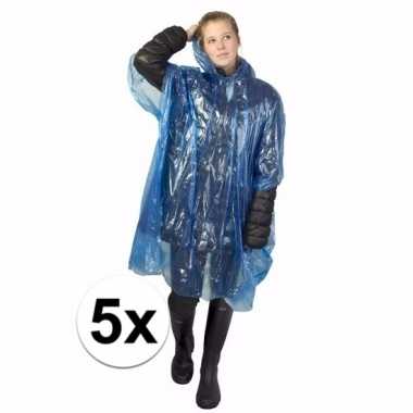 5x blauwe regen ponchos voor volwassenen