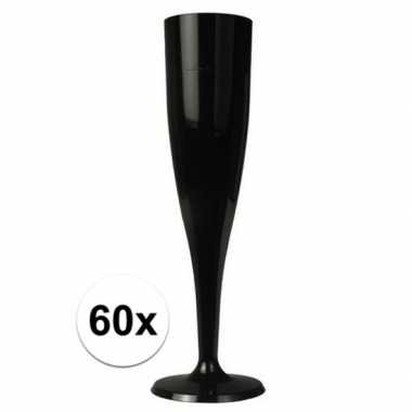 60 x wegwerp plastic zwarte champagneglazen/flutes