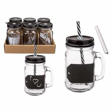 6x glazen drink potje met schrijfvak met rietje 13 cm