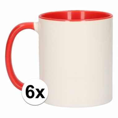 6x wit met rode koffiemokken zonder bedrukking
