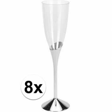 8x wegwerp champagneglazen zilver kunststof