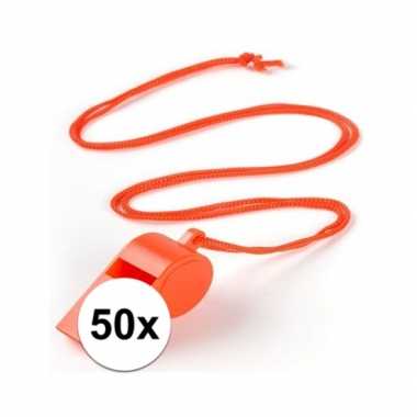 Feestartikelen plastic oranje fluitje 50 stuks