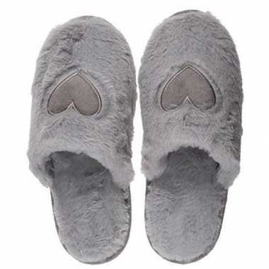 Grijze dames sloffen/slippers met hartjes