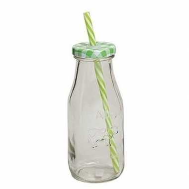 Groen/witte glazen drink potje met rietje 16 cm