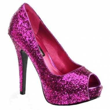 Hoge roze glitter pumps met open teen