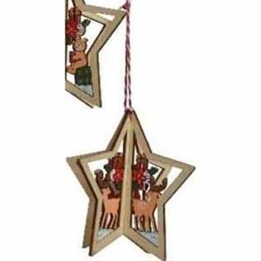 Kerstboomhanger/kersthanger houten kerstster met rendieren uitsnede 1