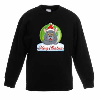 Kersttrui merry christmas grijze kat / poes kerstbal zwart kinde