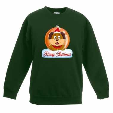 Kersttrui merry christmas hond kerstbal groen kinderen