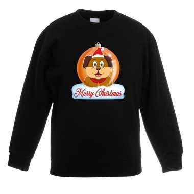 Kersttrui merry christmas hond kerstbal zwart kinderen