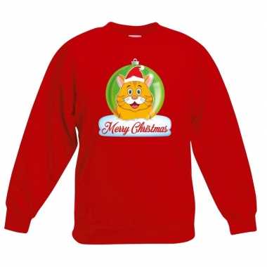 Kersttrui merry christmas oranje kat / poes kerstbal rood kinde