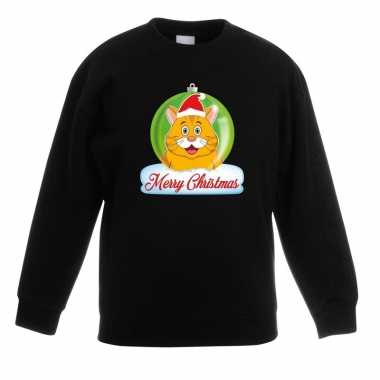 Kersttrui merry christmas oranje kat / poes kerstbal zwart kinde
