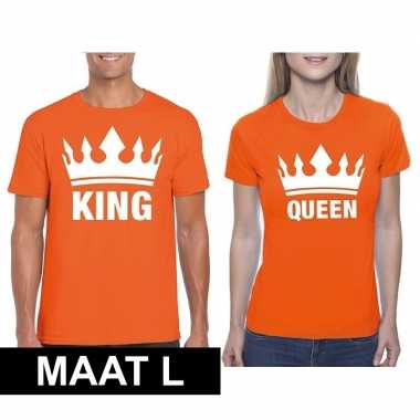 Koningsdag koppel king & queen t-shirt oranje maat l