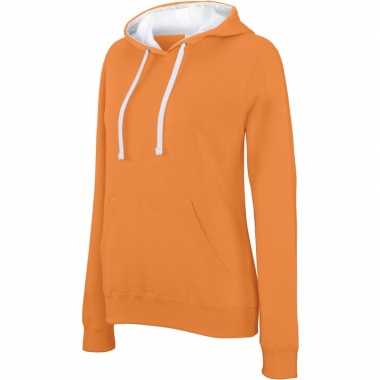Oranje/witte hooded sweater/trui voor dames