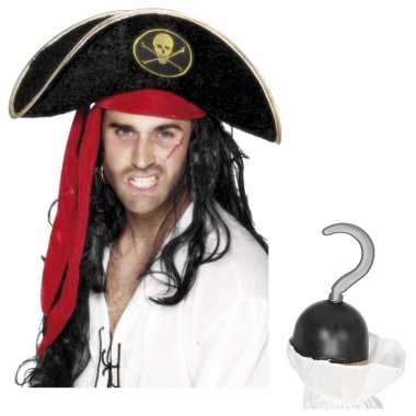 Piraat verkleedsetje piratenhoed met piratenhaak