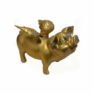 Polystone spaarvarken goud met vleugels