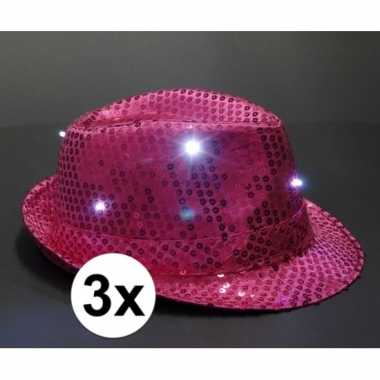 Roze glitter hoedjes met led licht 3 stuks