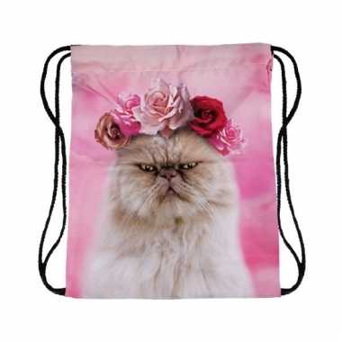 Sporttasje roze met katten/poezen kop