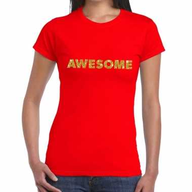 Toppers - awesome goud glitter tekst t-shirt rood dames