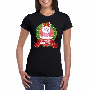 Zwarte eenhoorn kerst t-shirt voor dames merry christmas