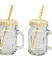 2 x geel witte glazen drink potje met rietje 18 cm
