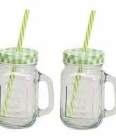 2 x groen witte glazen drink potje met rietje 18 cm