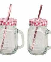 2 x rood witte glazen drink potje met rietje 18 cm