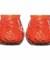 2x horeca tafelkaarsen in oranje glas 7 cm