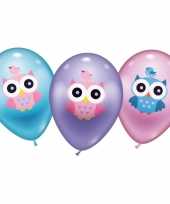 6 uil ballonnen blauw paars roze