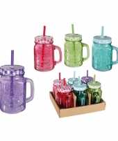 6x glazen drink glas potje met rietje 12 cm 10130046