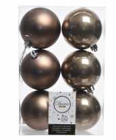 6x kasjmier bruine kerstballen 8 cm glanzende matte kunststof plastic kerstversiering