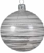 6x transparante kerstballen met strepen champagne 8 cm