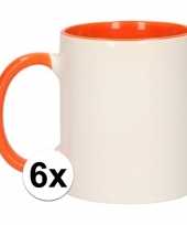 6x wit met oranje koffiemokken zonder bedrukking