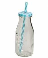 Blauw witte glazen drink potje met rietje 16 cm
