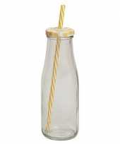 Geel witte glazen drink potje met rietje 16 cm 10105625