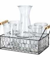 Glazen set met karaf in mandje