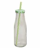 Groen witte glazen drink potje met rietje 16 cm 10105623