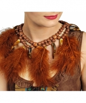 Indianen ketting bruin met veren