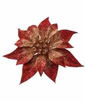 Kerstbloem met glitters rood goud op klem 18 cm