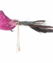 Kerstboomhanger kersthanger clip roze vogels 5 cm foam pauwenveren