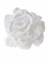 Kerstversiering glitter roos wit op clip 10 cm