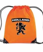 Oranje sporttas met rijgkoord holland zwarte leeuw