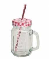 Rood witte glazen drink potje met rietje 18 cm