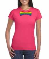 Roze t-shirt met regenboog vlag strikje dames