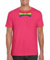 Roze t-shirt met regenboog vlag strikje heren