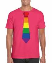 Roze t-shirt met regenboog vlag stropdas heren