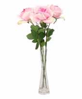 Tafeldecoratie 3 roze rozen in een vaas 37 cm